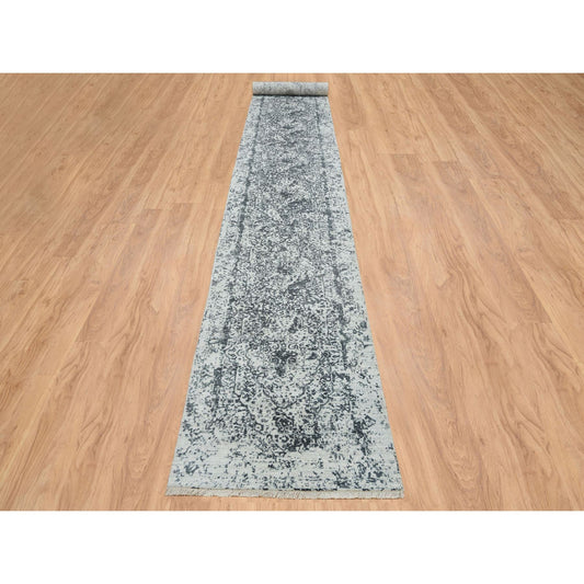 Transitional Wool & Silk Hand Knotted Rug Grey No Border 2.8X20.0 -O065214