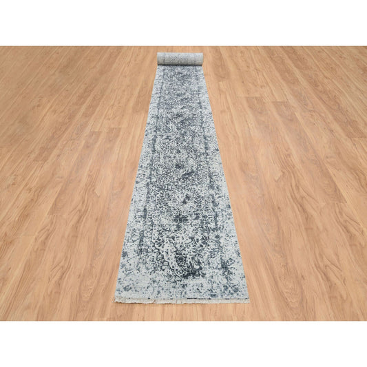 Transitional Wool & Silk Hand Knotted Rug Grey No Border 2.7X25.8 -O065215