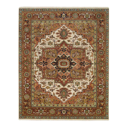 Tribal & Geometric Wool Hand Knotted Rug Ivory Rust Red 7.9X9.9 -O065263