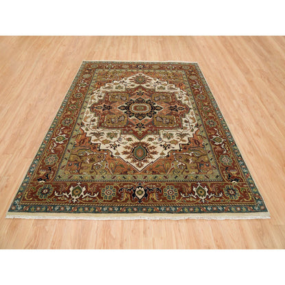 Tribal & Geometric Wool Hand Knotted Rug Ivory Rust Red 7.9X9.9 -O065263