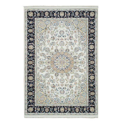 Fine Oriental Wool Hand Knotted Rug Ivory Navy Blue 5.10X9.1 -O065288
