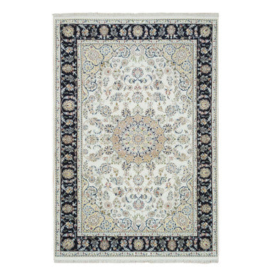 Fine Oriental Wool Hand Knotted Rug Ivory Navy Blue 5.10X9.1 -O065288