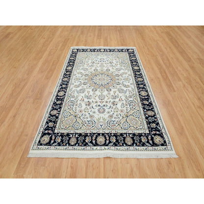 Fine Oriental Wool Hand Knotted Rug Ivory Navy Blue 5.10X9.1 -O065288