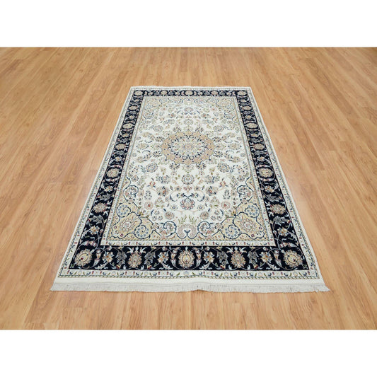 Fine Oriental Wool Hand Knotted Rug Ivory Navy Blue 5.10X9.1 -O065288