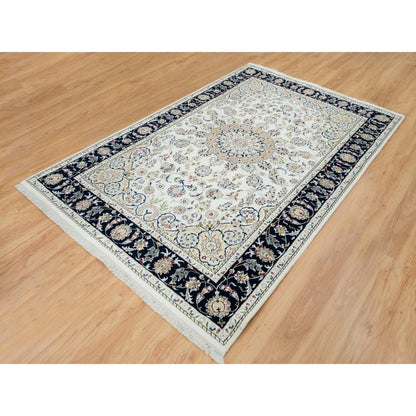 Fine Oriental Wool Hand Knotted Rug Ivory Navy Blue 5.10X9.1 -O065288