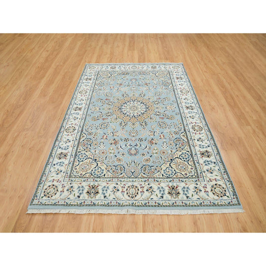 Fine Oriental Wool Hand Knotted Rug Blue Ivory 5.10X9.1 -O065299