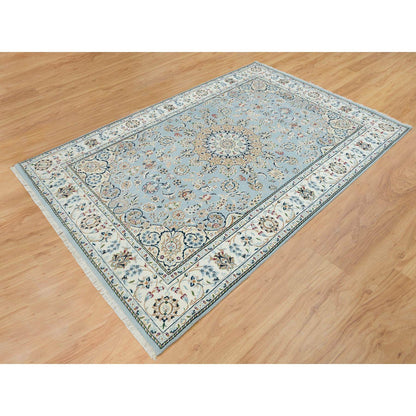 Fine Oriental Wool Hand Knotted Rug Blue Ivory 5.10X9.1 -O065299