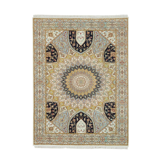 Fine Oriental Wool Hand Knotted Rug Ivory Light Blue 4.0X6.1 -O065308