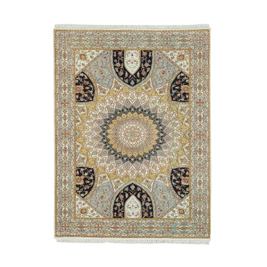 Fine Oriental Wool Hand Knotted Rug Ivory Light Blue 4.0X6.1 -O065308