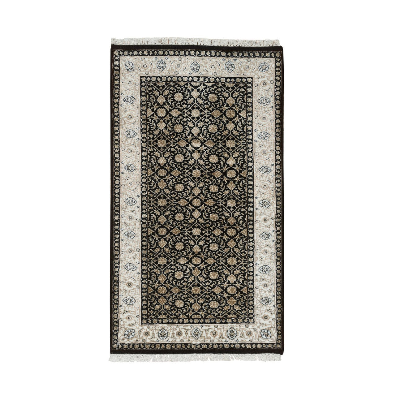 Fine Oriental Wool Hand Knotted Rug Black Ivory 2.5X4.7 -O065310