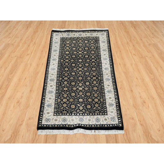 Fine Oriental Wool Hand Knotted Rug Black Ivory 2.4X4.7 -O065311