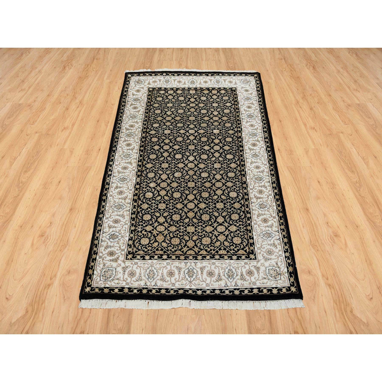 Fine Oriental Wool Hand Knotted Rug Black Ivory 3.1X5.5 -O065312