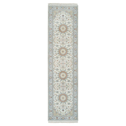 Fine Oriental Wool Hand Knotted Rug Ivory blue 2.9X10.4 -O065315