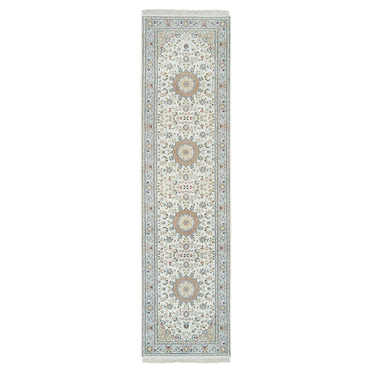 Fine Oriental Wool Hand Knotted Rug Ivory blue 2.9X10.4 -O065315