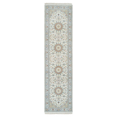 Fine Oriental Wool Hand Knotted Rug Ivory blue 2.9X10.4 -O065315