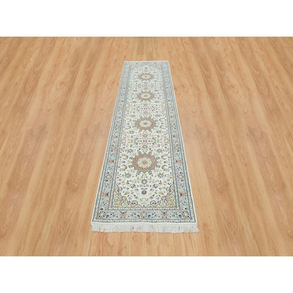 Fine Oriental Wool Hand Knotted Rug Ivory blue 2.9X10.4 -O065315