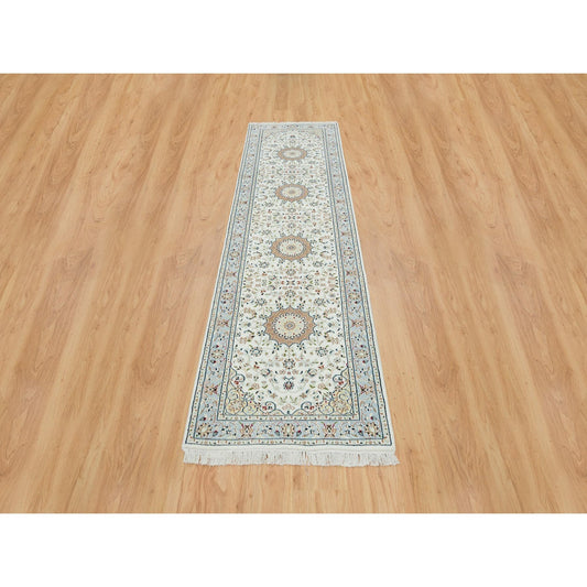 Fine Oriental Wool Hand Knotted Rug Ivory blue 2.9X10.4 -O065315