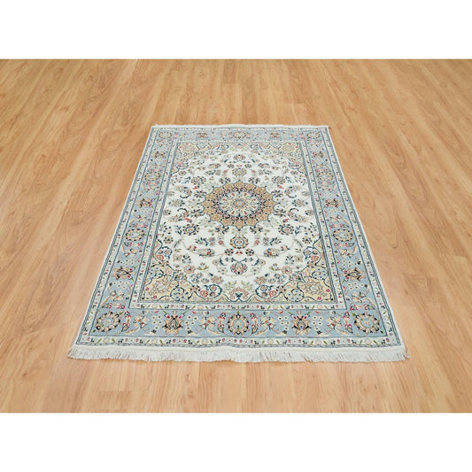 Fine Oriental Wool Hand Knotted Rug Ivory Blue 4.9X6.9 -O065317