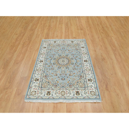 Fine Oriental Wool Hand Knotted Rug Blue Ivory 4.0X6.0 -O065318