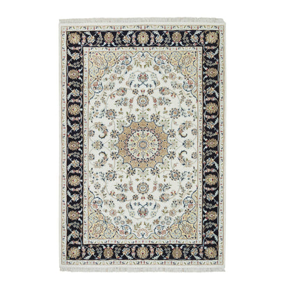 Fine Oriental Wool Hand Knotted Rug Ivory Navy Blue 4.2X6.5 -O065319