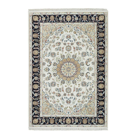 Fine Oriental Wool Hand Knotted Rug Ivory Navy Blue 4.2X6.5 -O065319