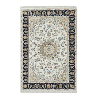 Fine Oriental Wool Hand Knotted Rug Ivory Navy Blue 4.2X6.5 -O065319