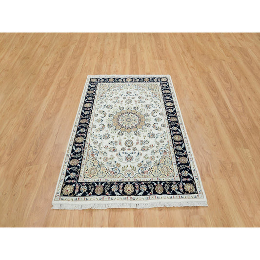 Fine Oriental Wool Hand Knotted Rug Ivory Navy Blue 4.2X6.5 -O065319