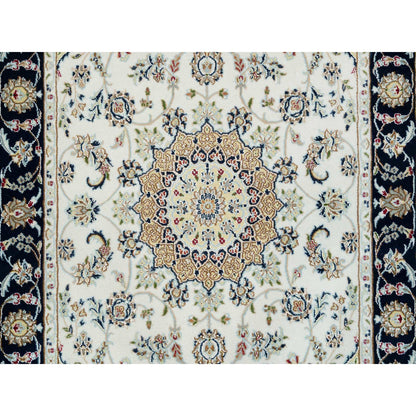 Fine Oriental Wool Hand Knotted Rug Ivory Navy Blue 4.2X6.5 -O065319