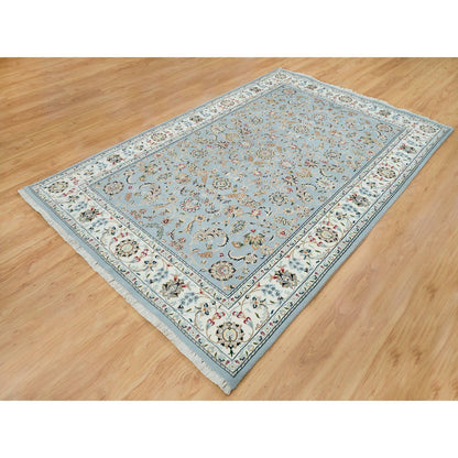 Fine Oriental Wool Hand Knotted Rug Blue Ivory 6.0X9.2 -O065321