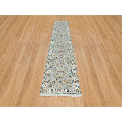 Fine Oriental Wool Hand Knotted Rug Blue Ivory 2.6X13.9 -O065335