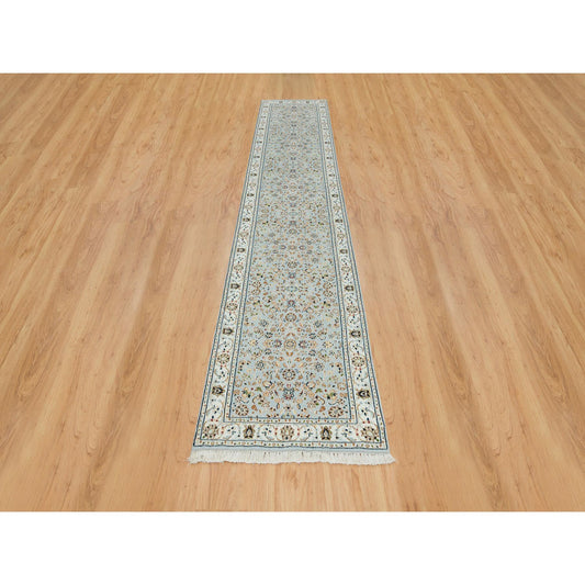 Fine Oriental Wool Hand Knotted Rug Blue Ivory 2.6X13.9 -O065335