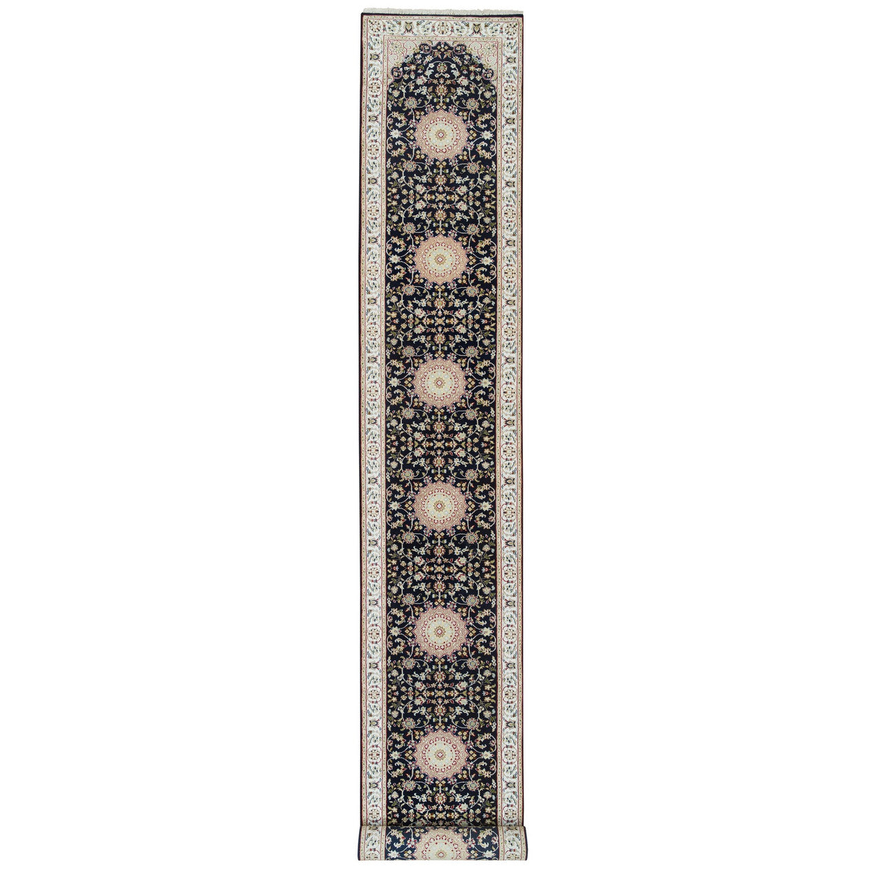 Fine Oriental Wool Hand Knotted Rug Blue Ivory 2.8X19.2 -O065341