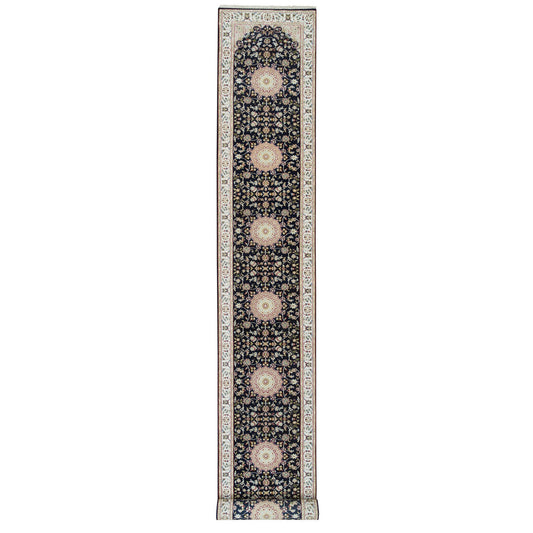 Fine Oriental Wool Hand Knotted Rug Blue Ivory 2.8X19.2 -O065341