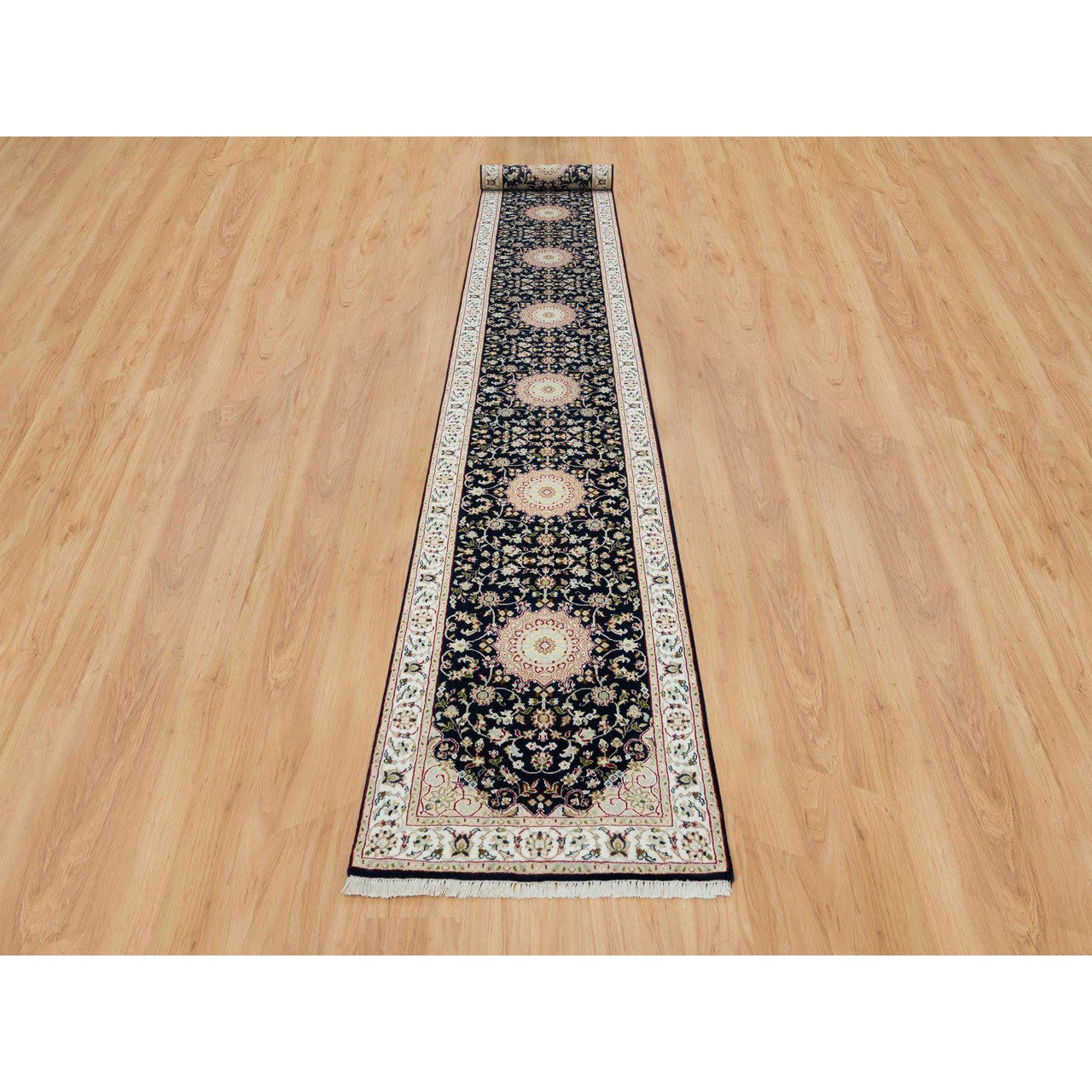 Fine Oriental Wool Hand Knotted Rug Blue Ivory 2.8X19.2 -O065341