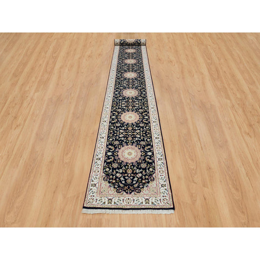 Fine Oriental Wool Hand Knotted Rug Blue Ivory 2.8X19.2 -O065341