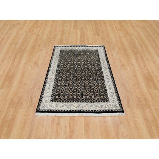 Fine Oriental Wool Hand Knotted Rug Black Ivory 4.1X6.0 -O065348