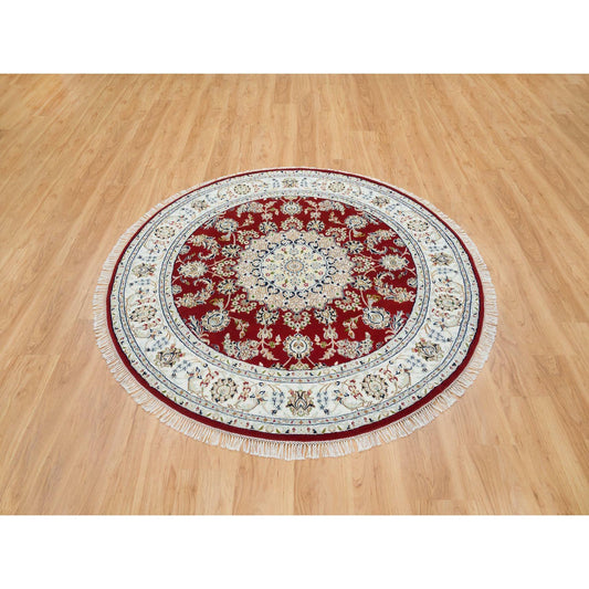 Fine Oriental Wool Hand Knotted Rug Red Ivory 6.0X6.0 -O065380