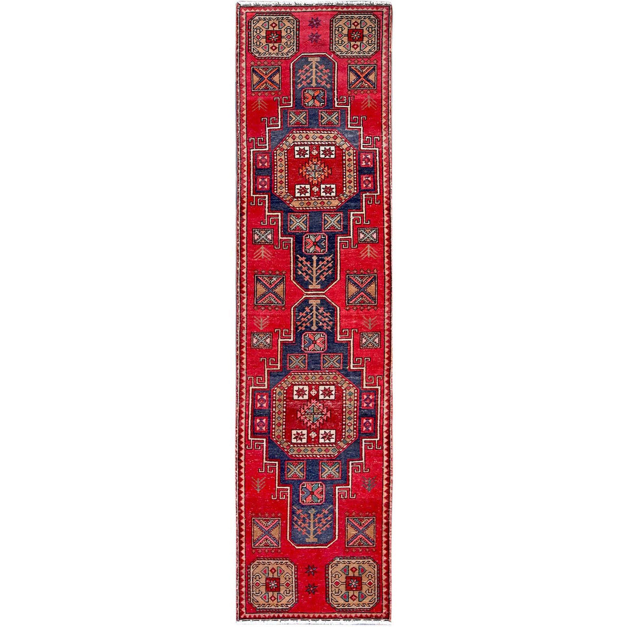 Overdyed & Vintage Wool Hand Knotted Rug Red 2.3x9.3 -O0653