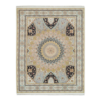 Fine Oriental Wool Hand Knotted Rug Ivory Light Blue 8.0X10.2 -O065403