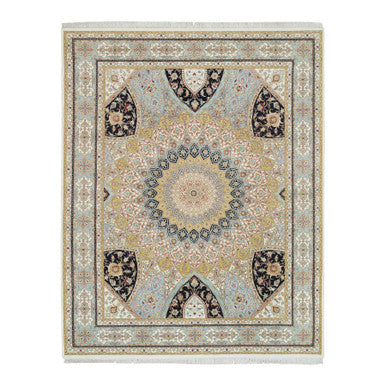 Fine Oriental Wool Hand Knotted Rug Ivory Light Blue 8.0X10.2 -O065403