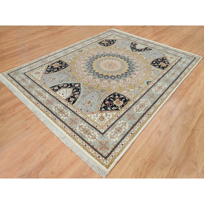 Fine Oriental Wool Hand Knotted Rug Ivory Light Blue 8.0X10.2 -O065403