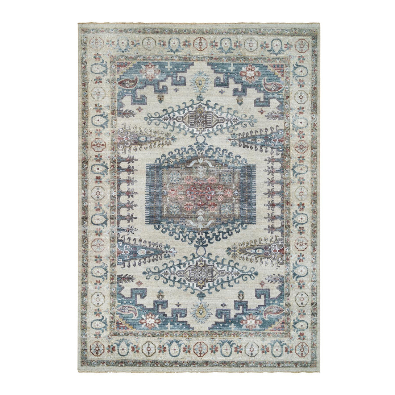 Tribal & Geometric Wool Hand Knotted Rug Ivory Ivory 9.10X13.10 -O065434