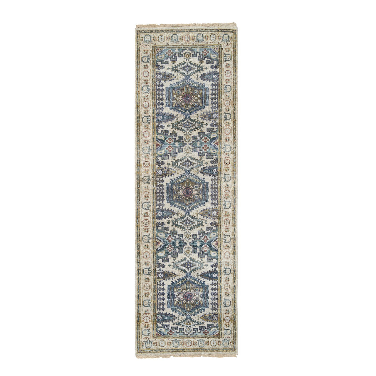 Ivory 2'5" x 8'1" Tribal & Geometric Hand knotted Wool Rug - Sku: O065446