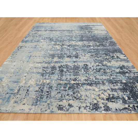 Modern and Contemporary Wool & Silk Hand Knotted Rug Blue No Border 11.10X14.10 -O065447