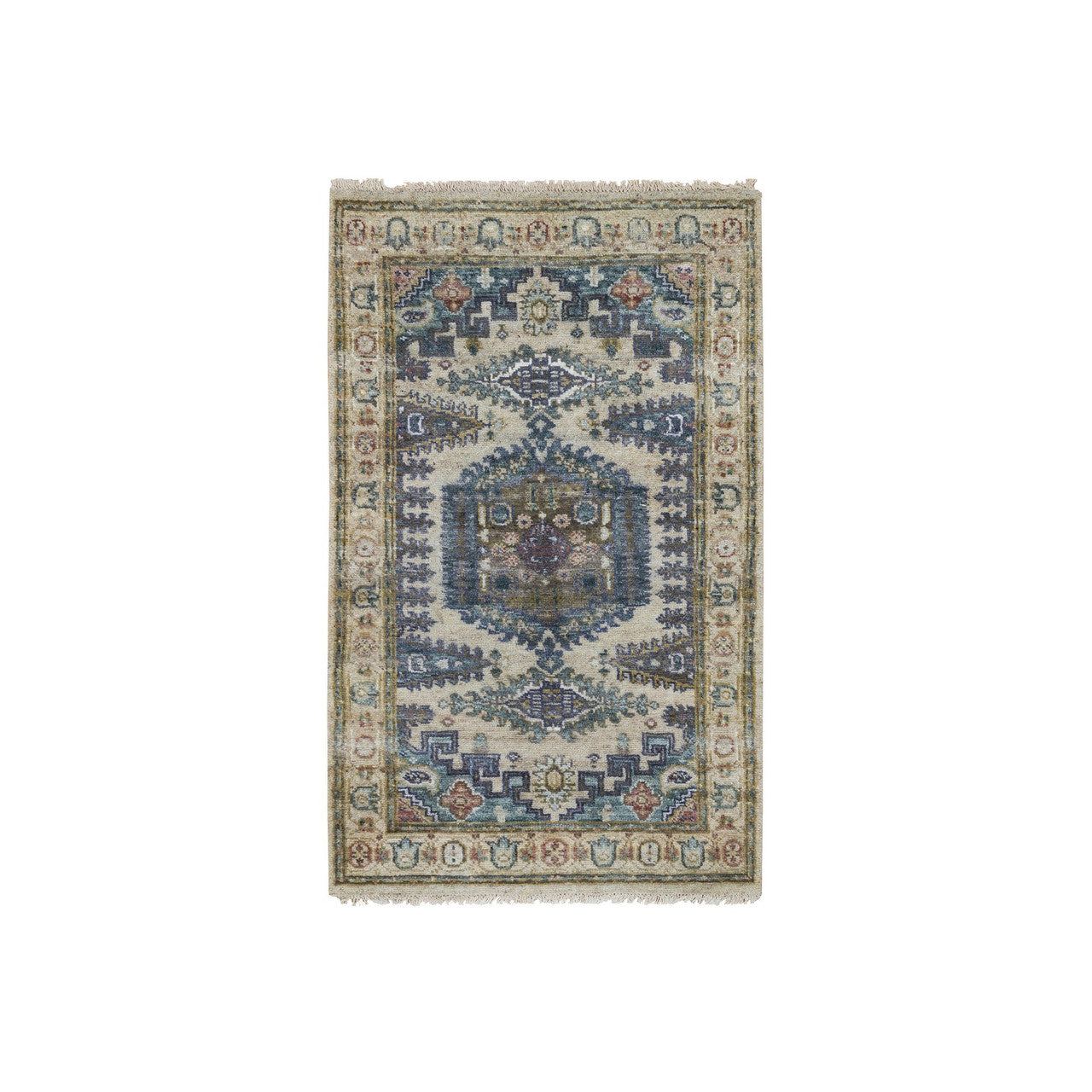 Tribal & Geometric Wool Hand Knotted Rug Ivory Ivory 2.10X5.0 -O065455
