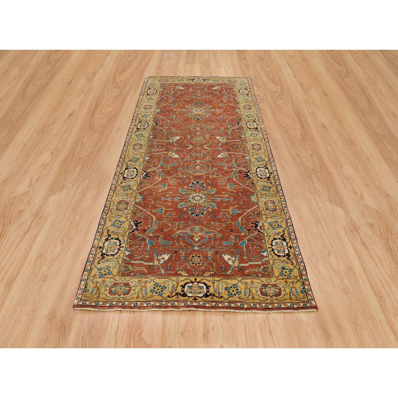 Red 4'0" x 10'0" Heriz Hand knotted Wool Rug - Sku: O065462