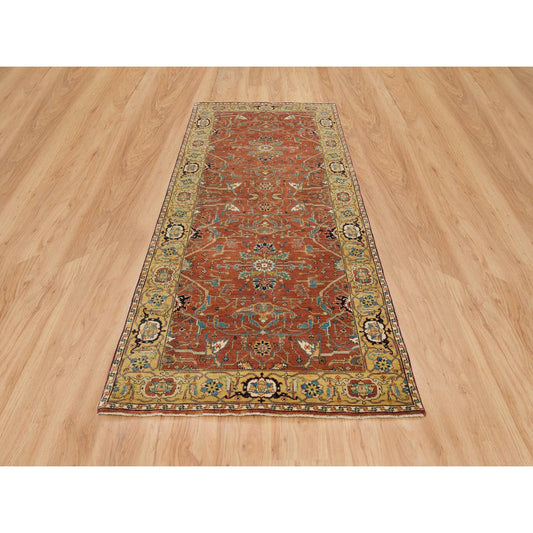 Heriz Wool Hand Knotted Rug Red Yellow 4.0X10.0 -O065462