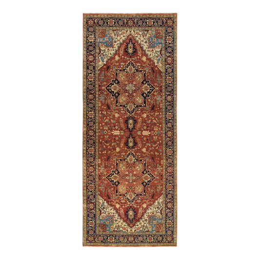 Heriz Wool Hand Knotted Rug Red Navy Blue 4.0X10.1 -O065463