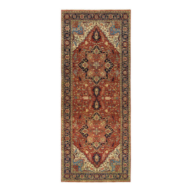 Heriz Wool Hand Knotted Rug Red Navy Blue 4.0X10.1 -O065463