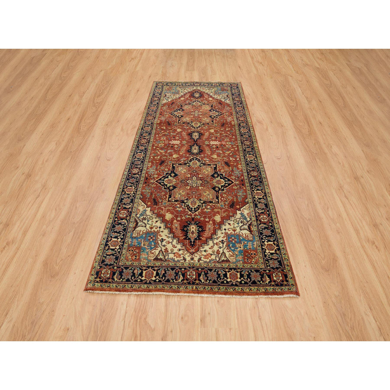 Red 4'0" x 10'1" Heriz Hand knotted Wool Rug - Sku: O065463